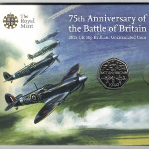 2015 Fifty Pence 75th Anniversary Battle of Britain cupro nickel coin featuring Queen Elizabeth II on the Obverse. All coins are in stock.