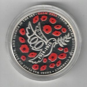 2018 Silver Jersey Five Pound Centenary of the First World War. This coin weighs 28.28 grams of 0.925 fine silver. Queen Elizabeth II on Obverse.