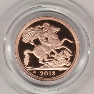 2018 gold proof half sovereign coin in capsule. This coin features Queen Elizabeth II on the obverse and St George and the dragon on the Reverse.