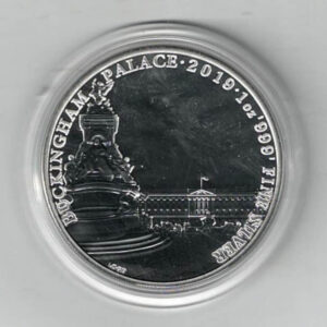 2019 Silver One Ounce Coin Buckingham Palace. The portrait of Queen Elizabeth II is on the obverse. The coin contains one ounce of 999 fine silver.