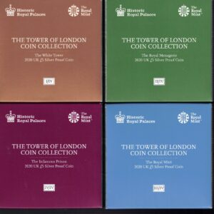 2020 Five Pounds Tower Of London Four Coin Silver proof set featuring Queen Elizabeth II on the Obverse. All coins are in stock.