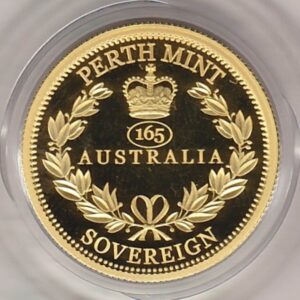 2020 Gold Proof Australia Sovereign coin. This coin features the portrait of Queen Elizabeth II on the obverse. The date and denomination on the reverse.