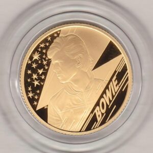 2020 Gold Proof Quarter Ounce David Bowie coin featuring Queen Elizabeth II on the Obverse. The coin features David Bowie on the Reverse.