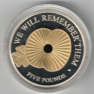 2020 Silver Proof Jersey Remembrance Five Pounds. This coin weighs 28.28 grams of 0.925 fine silver with gold plated poppy.