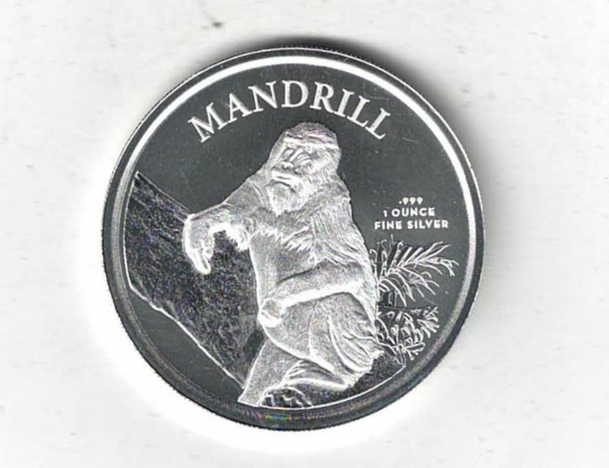 2021 Cameroon Silver One Ounce Mandrill Coin. This coin contains one ounce of 9999 fine silver. This coin features a Mandrill Monkey.