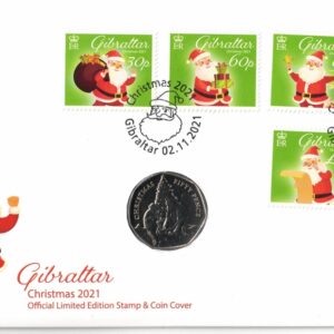 2021 Gibraltar Fifty Pence Christmas. This fifty pence coin is issued in a Christmas Stamp & Coin Cover. Queen Elizabeth II on Obverse