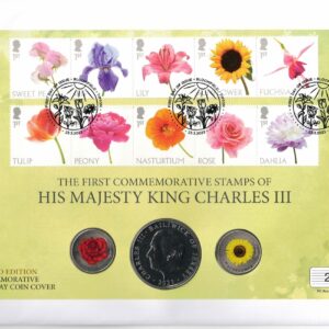 2022 & 2023 Jersey Three Coin Commemorative Coin & Stamp Cover. The obverse side features the crowned portrait of Queen Elizabeth II and King Charles III.