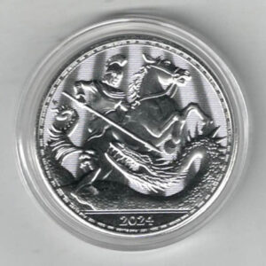 2024 Silver One Ounce Coin St George And The Dragon. The portrait of King Charles III is on the obverse. The coin contains one ounce of 999 fine silver.