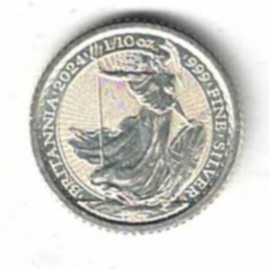 2024 Silver Tenth Ounce Britannia Coin. The coin features Charles III on the obverse. Britannia standing in her chariot on the reverse.