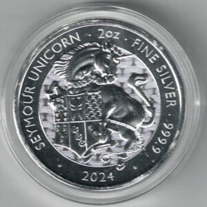 2024 Silver Two Ounce Coin Seymour Unicorn. This coin was issued as part of the Tudor Beasts series by the Royal Mint.