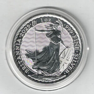 2025 Silver Britannia One Ounce Coin. The portrait of King Charles III is on the obverse. The coin contains one ounce of 999 fine silver.