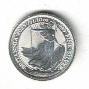2025 Silver Tenth Ounce Britannia Coin. The coin features Charles III on the obverse. Britannia standing in her chariot on the reverse.