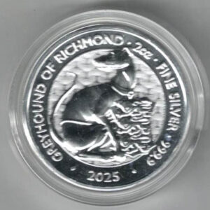 2025 Silver Two Ounce Coin Greyhound Of Richmond. This coin was issued as part of the Tudor Beasts series by the Royal Mint.