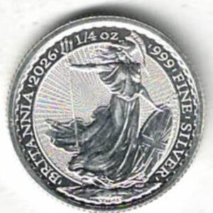 2026 Quarter Ounce Britannia Silver Coin. The obverse side of the coin features the official effigy of King Charles III. All coins are in stock.