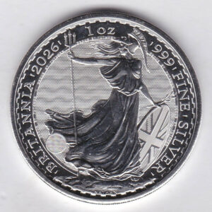 2026 Silver Britannia One Ounce Coin. The portrait of King Charles III is on the obverse. The coin contains one ounce of 999 fine silver.