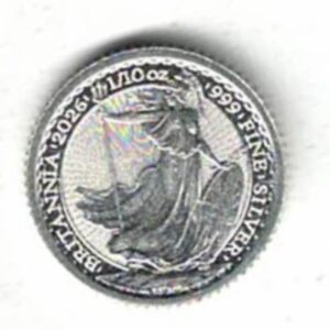 2026 Silver Tenth Ounce Britannia Coin. The coin features Charles III on the obverse. Britannia standing in her chariot on the reverse.