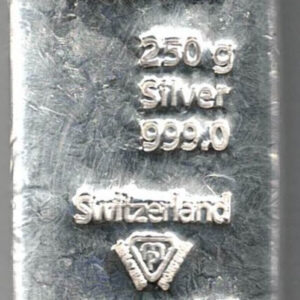 250 Gram Silver Bar Metalor. This bar contains 250 grams of 999 fine Silver. All of our silver bars have been pre-owned and are in stock.