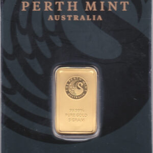 Australia Perth Mint Five Gram Gold Bar. This bar contains 5 grams of 99.99 fine gold and comes in a credit card sized packet with certified bar number.