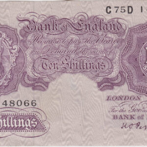 B251 Peppiatt Ten Shillings C75D Banknote. This is the 1940 issue, with Britannia at the left on the obverse. Prefix / Serial Number C75D 148066.