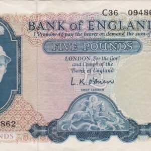 B277 O'Brien Five Pounds Banknote C36. The note features Britannia and George & the dragon. The note has Prefix / Serial Numbers C19 391599.