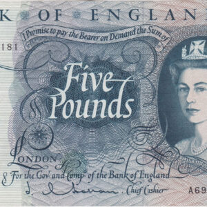B297 Five Pounds Banknote A69. Deep blue on multicolour underprint. Queen Elizabeth II on the obverse. The reverse has Britannia.