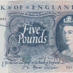 B312 Five Pounds Banknote. Deep blue on multicolour underprint. Queen Elizabeth II on the obverse. The reverse has Britannia.