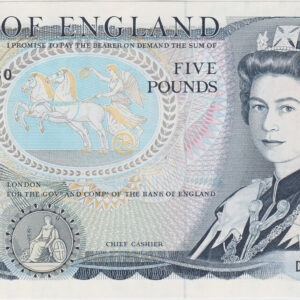 B343a Error No Signature Somerset Five Pound banknote. The obverse features Elizabeth II. The reverse features Arthur Wellesley.