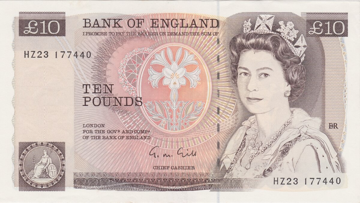 B354 Gill Ten Pounds banknote. Deep brown on multicolour underprint. The obverse features Elizabeth II. The reverse features Florence Nightingale.
