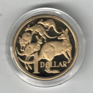 Boxed 1984 Australia Proof One Dollar Coin. The obverse features the portrait of Queen Elizabeth II facing right. The reverse features five kangaroos.