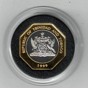 Boxed 1999 Trinidad And Tobago Silver Proof Ten Dollar Coin. The obverse features the national coat of arms. All coins are in stock.
