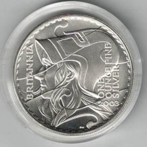 2003 Silver Britannia Proof One Ounce. The coin contains one ounce of fine silver. All of our silver coins have been pre-owned and are in stock.