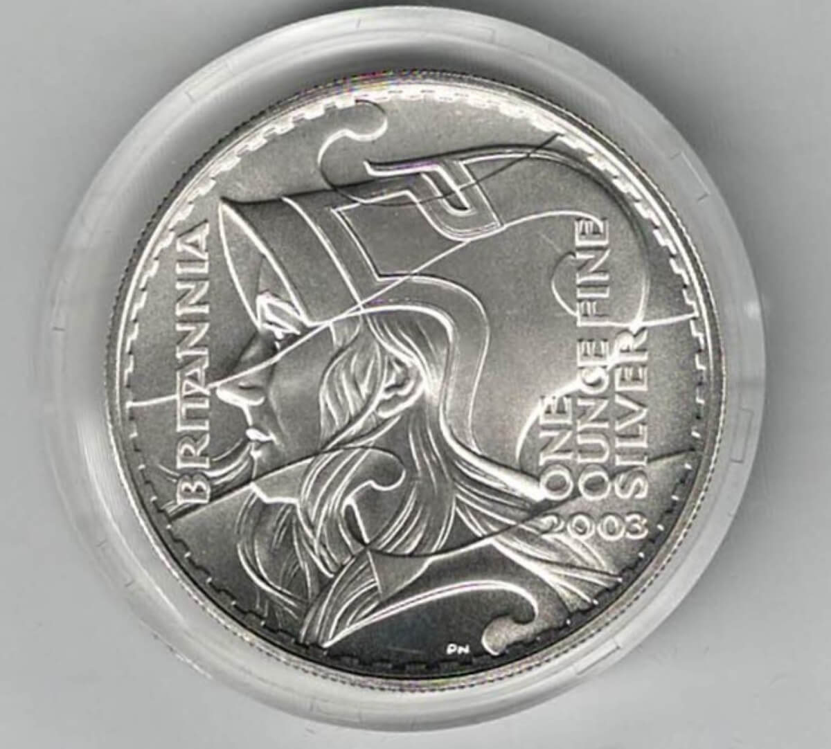 2003 Silver Britannia Proof One Ounce. The coin contains one ounce of fine silver. All of our silver coins have been pre-owned and are in stock.
