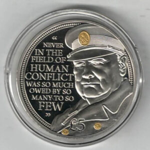 Boxed 2015 Jersey Nickel Proof Churchill Five Pound Coin. The obverse side of the coin features the portrait of Queen Elizabeth II.