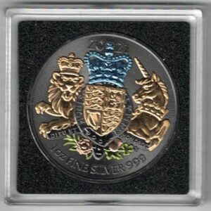 Cased 2021 Black Ruthenium Silver One Ounce Royal Arms Coin. The coin contains one ounce of 999 fine silver. All of our silver coins are in stock.