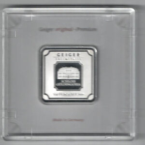 Cased Geiger Edelmetalle One Ounce Square Silver Bar, All of our silver bars have been pre-owned and are in stock. This bar contains one ounce.