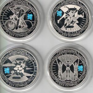 Boxed Countdown To London 2012 Standard proof Five Pound Coin Set. Queen Elizabeth II on obverse. All coins are in stock. You are buying a four coin set.