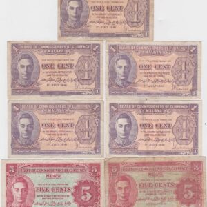Fifteen Malaya Banknotes. 5 x P6 one cent banknotes, 2 x P7b five cents banknotes, 7 x P8 ten cents banknotes and 1 x P9a twenty cents banknotes.
