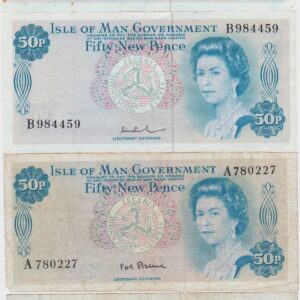 Four P28 Isle Of Man Fifty Pence Banknotes. These fifty pence banknotes have no date but were issued in 1972, all four banknotes have been used.