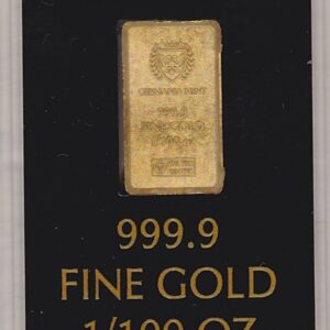 Germania Mint One Hundredth Ounce Gold Bar.. This bar contains 1/100th of an ounce fo 999.9 fine gold and comes in a packet case.