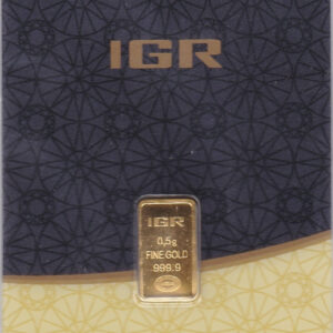 IGR 0.5 Gram Gold Bar. This bar contains 0.5 grams of 999.9 fine gold and comes in a credit card sized packet with certified bar number.