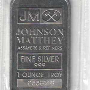Johnson Matthey Bullion One Ounce Silver Bar. All of our silver bars have been pre-owned and are in stock. This bar contains one ounce of 999 fine Silver
