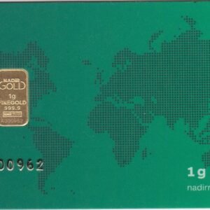 Nadir One Gram Gold Bar. This bar contains one grams of 999.9 fine gold refined by Nadir and comes presented in a sealed plastic packet.