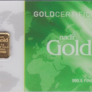 One Gram Gold Bar Nadir. This bar contains one grams of 999.9 fine gold refined by Nadir and comes presented in a sealed plastic packet.