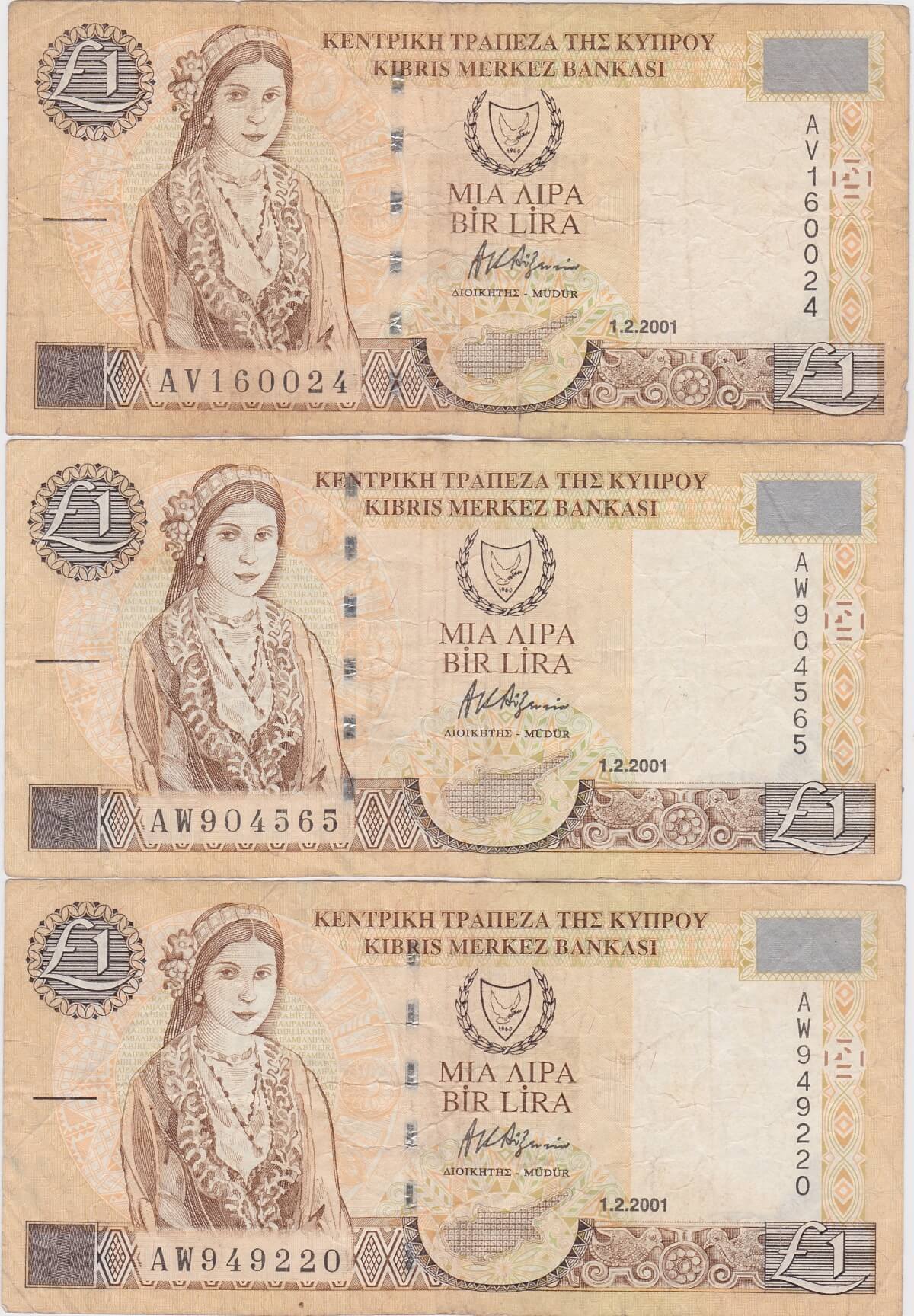 Nine P60c Cyprus One Pound Banknotes. These one pound banknotes was issued on the 1st February 2001. These notes have been used.