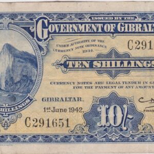 P14b Gibraltar Ten Shillings Banknote. This ten shillings banknote was issued on the 1st June 1942, with Prefix / Serial Number C291651.