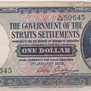 P16b Straits Settlements One Dollar Banknote. This one dollar banknote is dated 1st January 1935, with Prefix / Serial Number L over 56 59645.