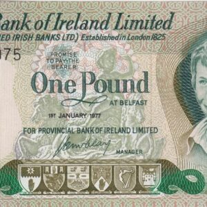 P247a Provincial Bank Of Ireland Limited One Pound Banknote. This one pound banknote is dated 1st January 1977 with serial number PN437075.