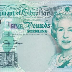 P25a Gibraltar Five Pounds Banknote. This five pounds banknote was issued on the 1st July 1995, with Prefix / Serial Number AA001710.