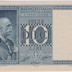 P25b Italy Ten Lire Banknote. This ten lire banknote was issued in 1938, with Prefix / Serial Number 152658. This is a nice example.
