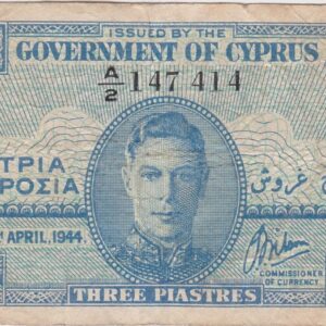 P28a Cyprus Three Piastres Banknote. This three piastres banknote was issued on the 6th April 1944, with Prefix / Serial Number A over 2 147414.